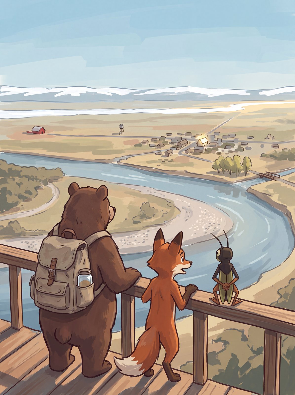 Boots, Fox and Cricket at the rail of the fire lookout, looking out over the valley.