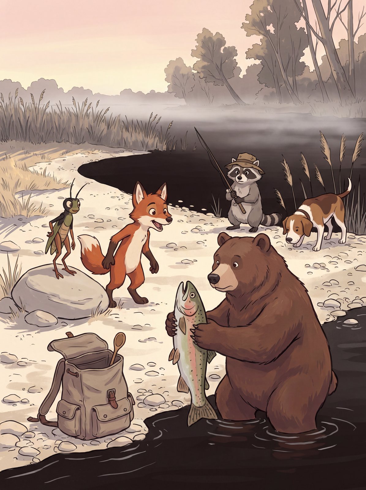 Cricket, Fox and Boots on a gravel bar by the river at first light, Boots holding a fish.