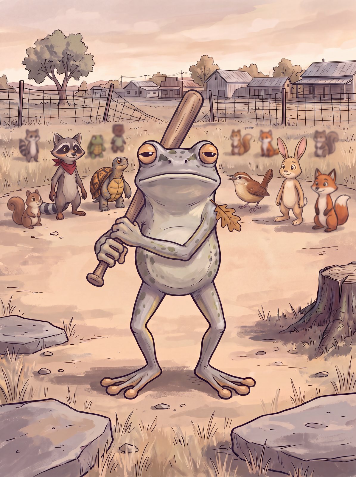 Rocklemon at bat on the flat rock lot, with his friends watching from the field.